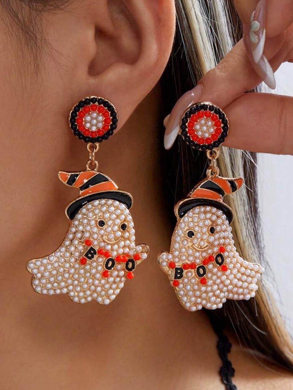 2pcs Halloween BOO Creative Design Rhinestone & Pearl Ghost Earrings, Quirky Pum
